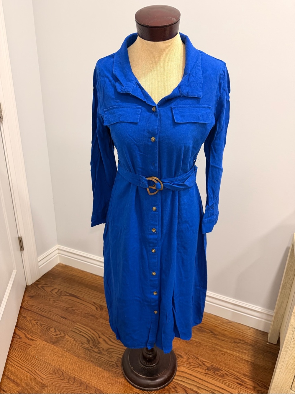 Button-Front Royal Blue Shirt Dress with Belt